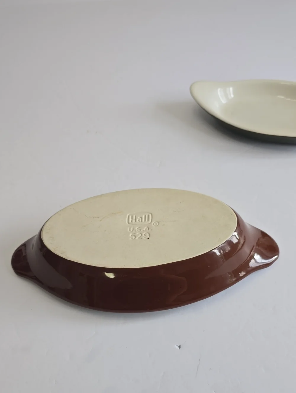 Vintage Set Of 2 Hall 529 & 521 Oval Au Gratin Casserole Dish USA Brown Green